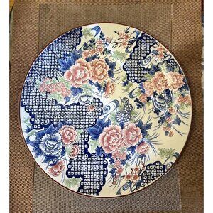 Vtg Large Toyo Japanese Porcelain Round Platter Chinoiserie Pink Blue Floral